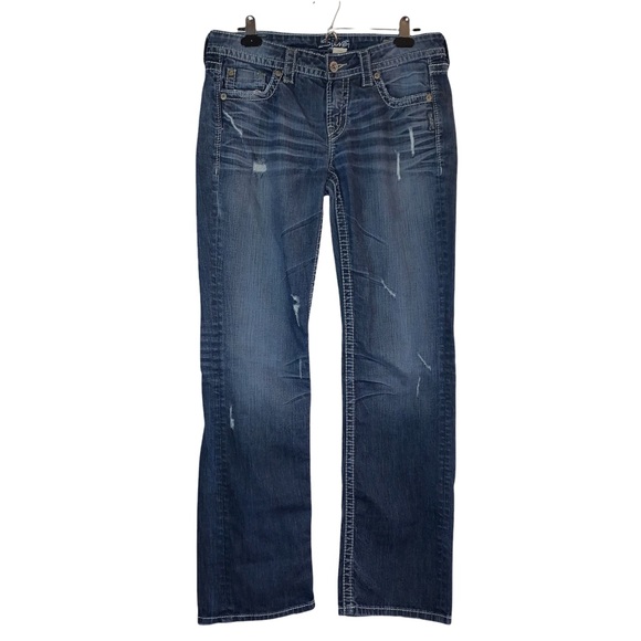 Silver Lola 17" Straight Leg Blue Jeans Distressed Women's  33x30. - Picture 2 of 11